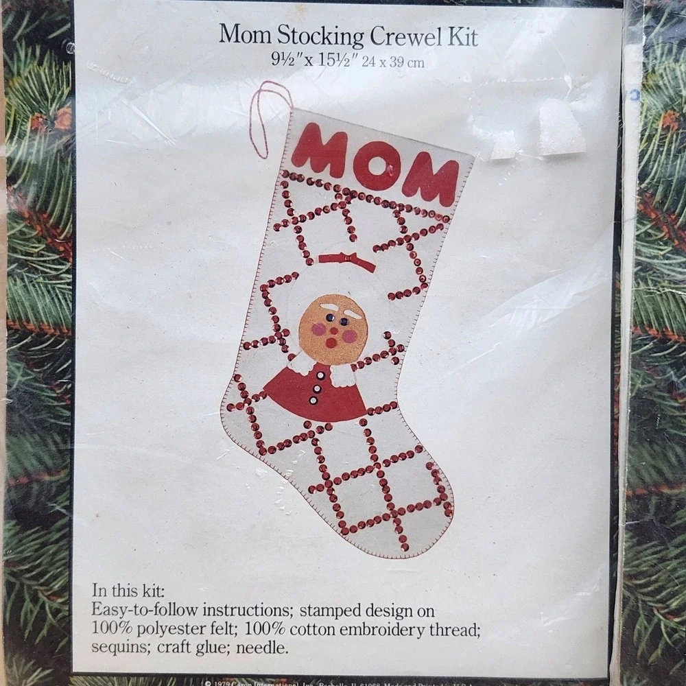 Caron Vintage Christmas Stocking Crewel Kit Sequin Embroidery Mom Dad NOS Lot